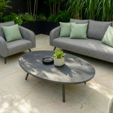 Grey outdoor sofa set with armchair and oval coffee table on a stone patio
