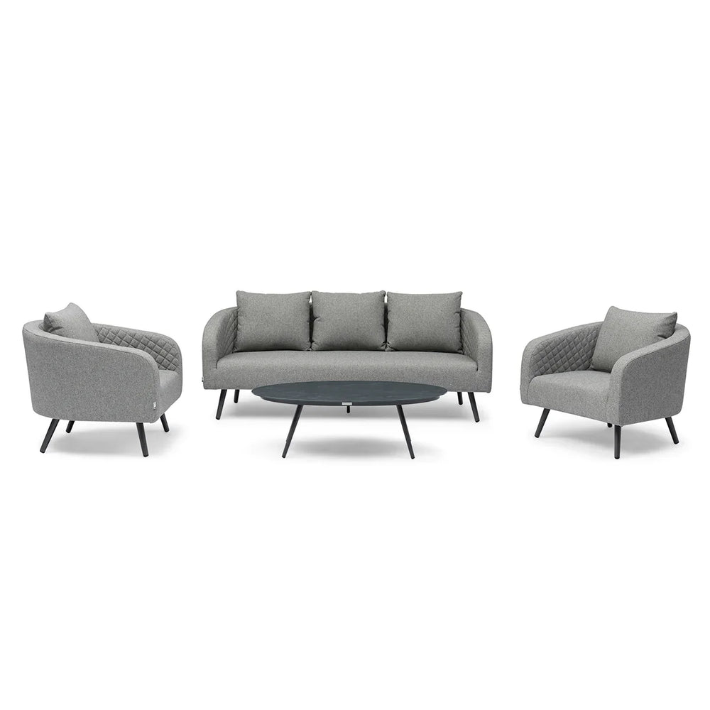 Grey fabric sofa set with two armchairs and round coffee table, quilted arm detail