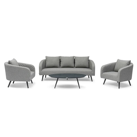 Grey fabric sofa set with two armchairs and round coffee table, quilted arm detail