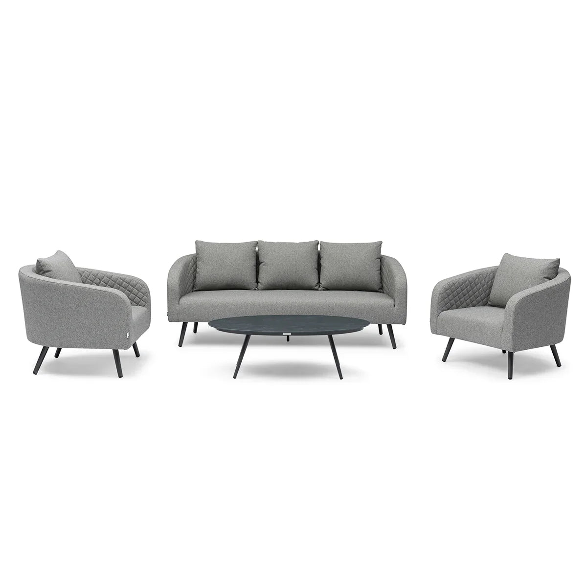 Grey fabric sofa set with two armchairs and round coffee table, quilted arm detail