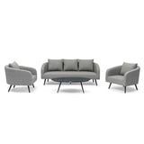 Grey fabric sofa set with two armchairs and round coffee table, quilted arm detail
