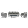 Grey fabric sofa set with two armchairs and round coffee table, quilted arm detail