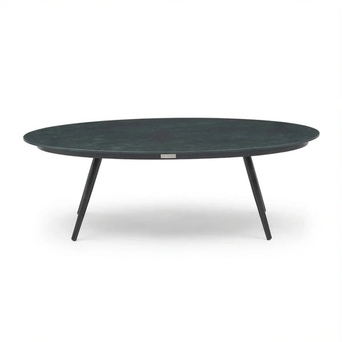 Oval black coffee table with slim metal legs on white background