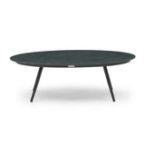 Oval black coffee table with slim metal legs on white background
