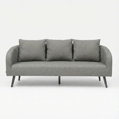 Grey fabric three seater sofa with quilted sides and three back cushions
