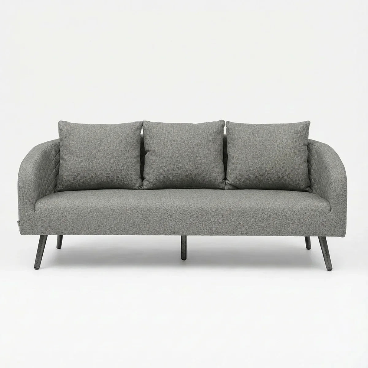 Grey fabric three seater sofa with quilted sides and three back cushions