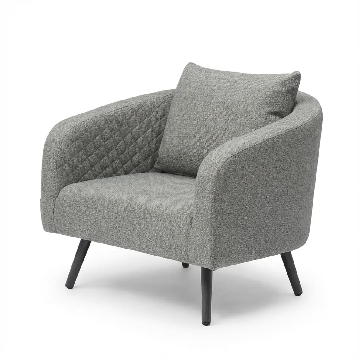 Grey upholstered armchair with quilted sides and angled black wooden legs