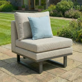 Outdoor fabric lounge chair with metal frame and blue cushion on patio