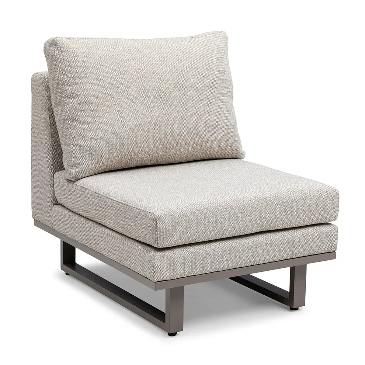 Beige fabric accent chair with metal frame and cushioned seat in side view