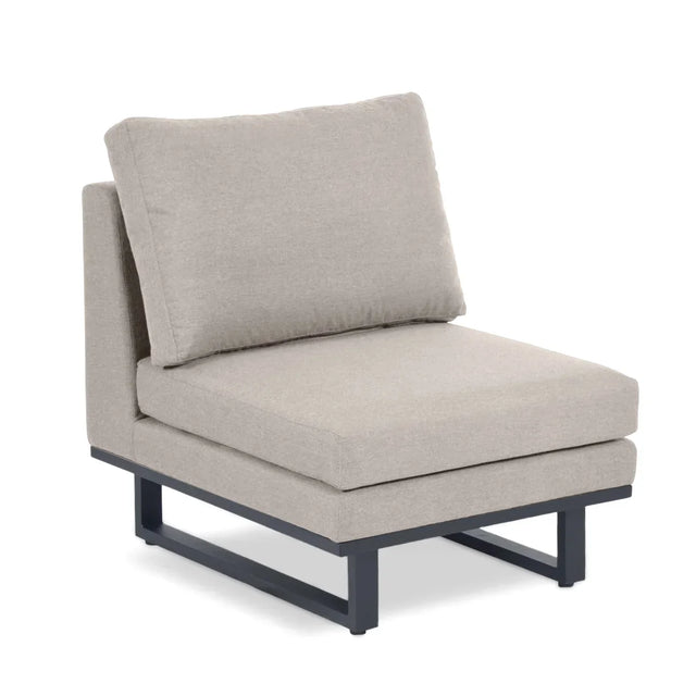 Beige fabric accent chair with metal legs and cushioned backrest, angled front view