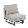 Beige fabric accent chair with metal legs and cushioned backrest, angled front view