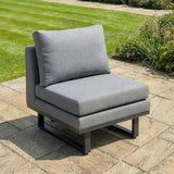 Grey garden lounge chair with metal frame and cushions on stone patio