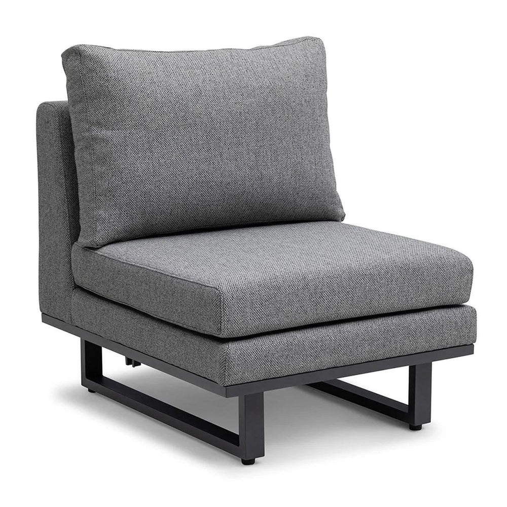 Grey fabric lounge chair with metal legs and thick cushions, angled front view