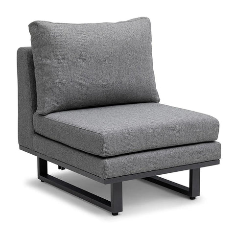 Grey fabric lounge chair with metal legs and thick cushions, angled front view