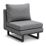 Grey fabric lounge chair with metal legs and thick cushions, angled front view