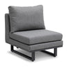 Grey fabric lounge chair with metal legs and thick cushions, angled front view