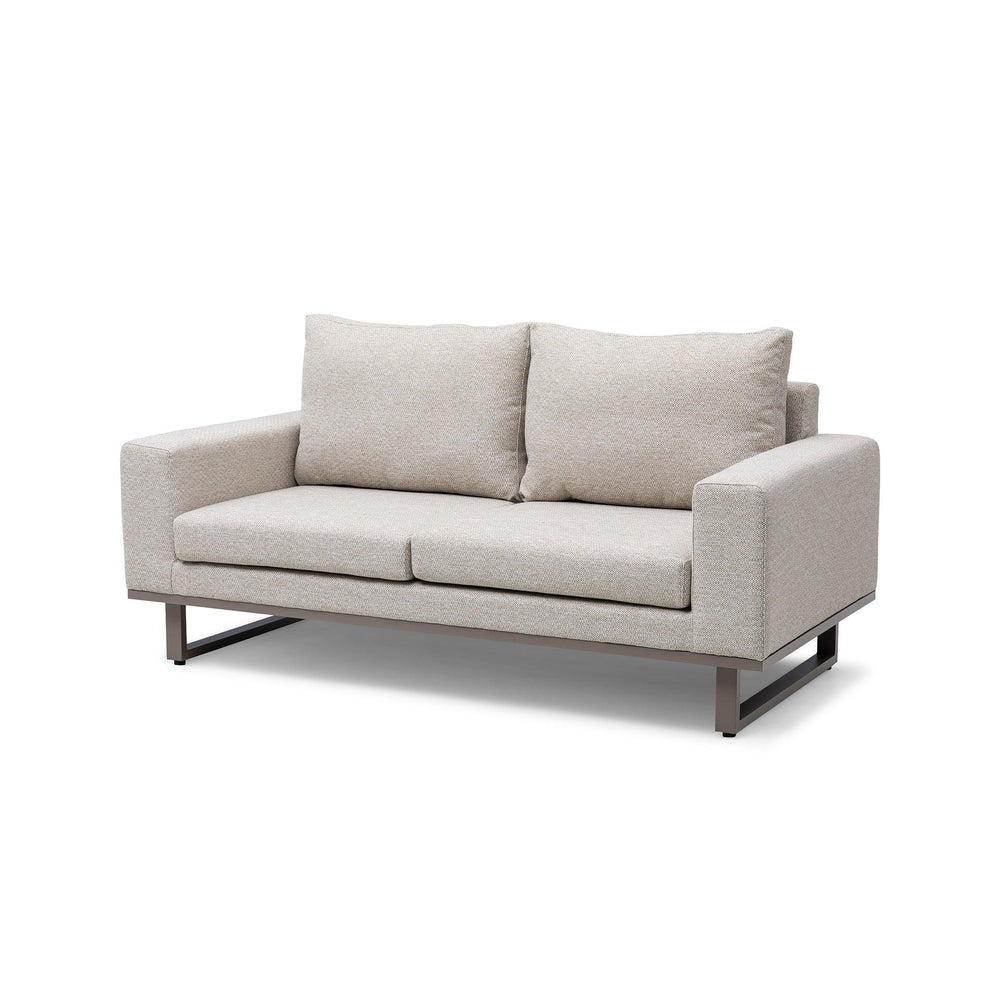 Light grey fabric sofa with metal legs and two back cushions, front angle view