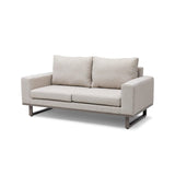 Light grey fabric sofa with metal legs and two back cushions, front angle view