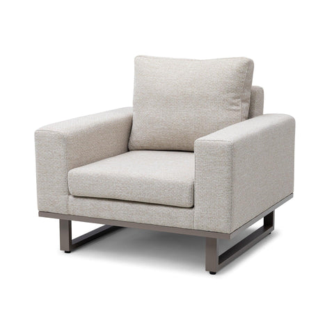 Beige fabric armchair with square arms and metal base, front angled view
