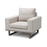 Beige fabric armchair with square arms and metal base, front angled view