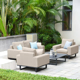 Beige outdoor sofa set with cushions and coffee table on tiled patio