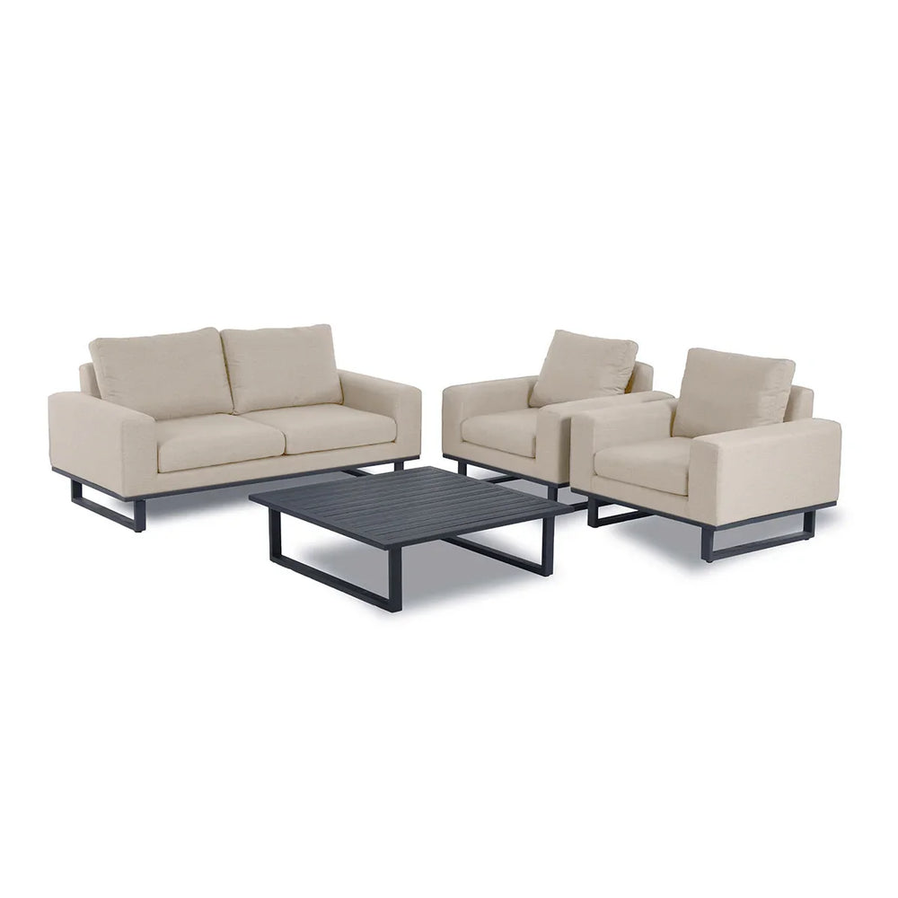 Beige outdoor sofa set with two armchairs and a black metal coffee table on white background