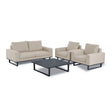 Beige outdoor sofa set with two armchairs and a black metal coffee table on white background