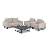 Beige outdoor sofa set with two armchairs and a black metal coffee table on white background