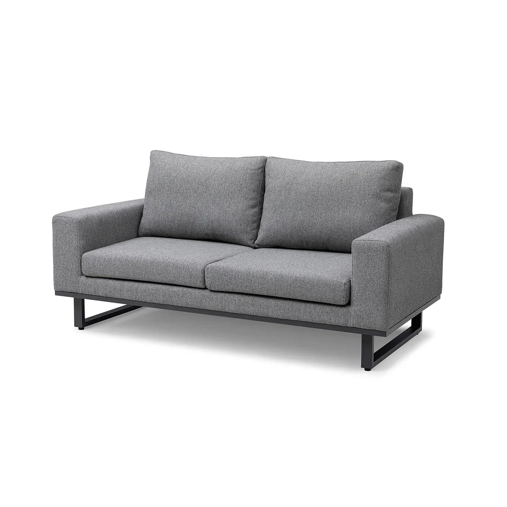 Grey fabric sofa with metal legs and wide armrests, front angle view