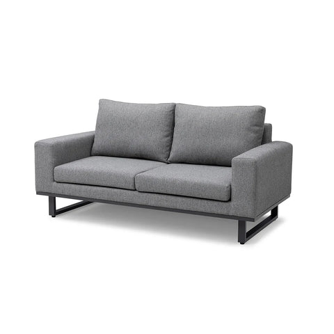 Grey fabric sofa with metal legs and wide armrests, front angle view