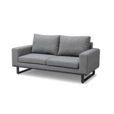 Grey fabric sofa with metal legs and wide armrests, front angle view