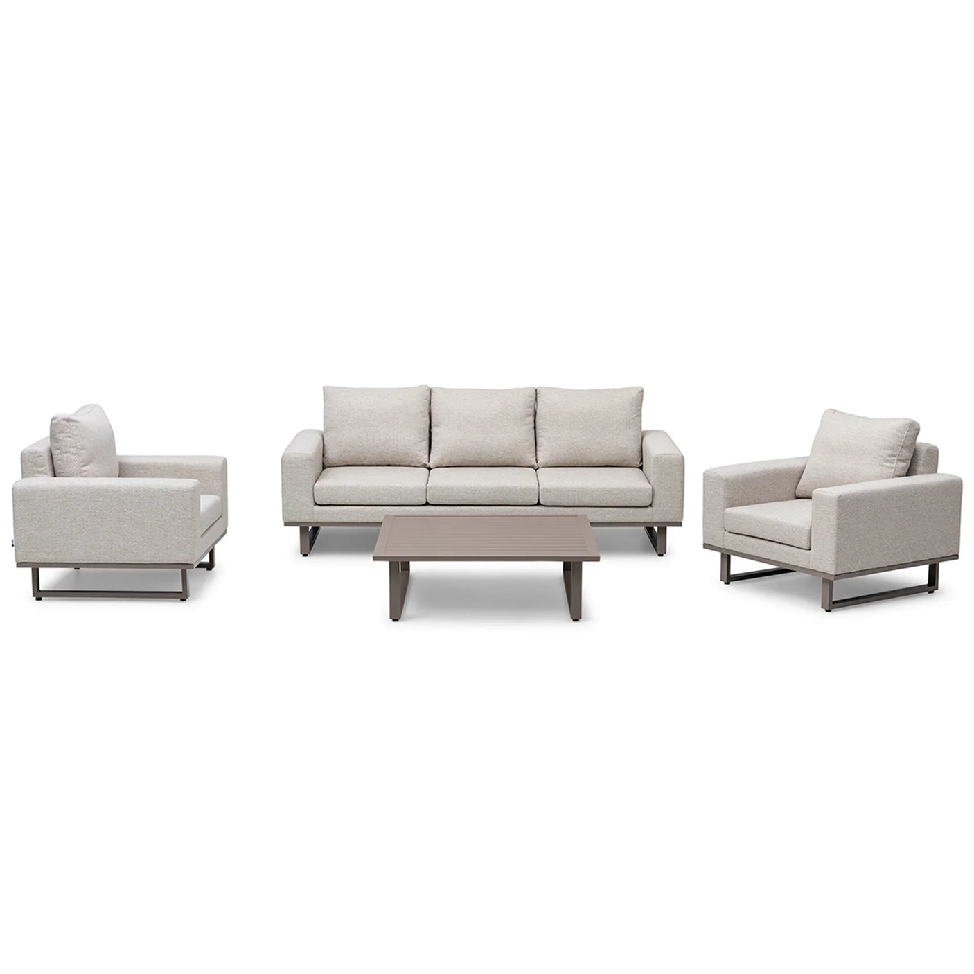 Beige fabric sofa set with two armchairs and a rectangular coffee table on white background