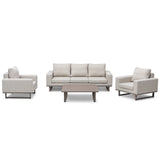 Beige fabric sofa set with two armchairs and a rectangular coffee table on white background