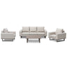 Beige fabric sofa set with two armchairs and a rectangular coffee table on white background