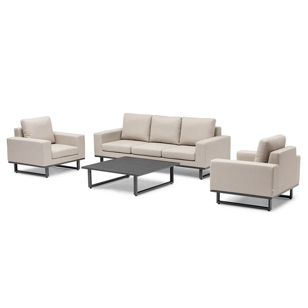 Beige outdoor sofa set with metal frame, two armchairs and slatted coffee table