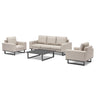 Beige outdoor sofa set with metal frame, two armchairs and slatted coffee table
