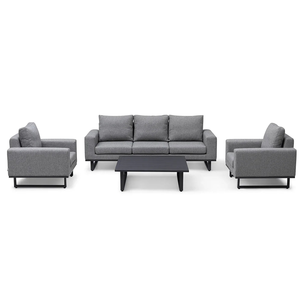 Grey fabric sofa set with two armchairs and black coffee table on white background