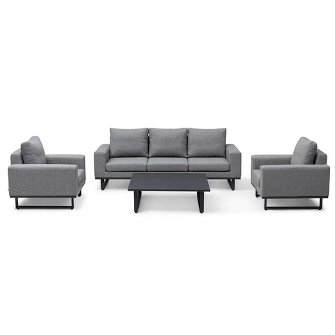 Grey fabric sofa set with two armchairs and black coffee table on white background