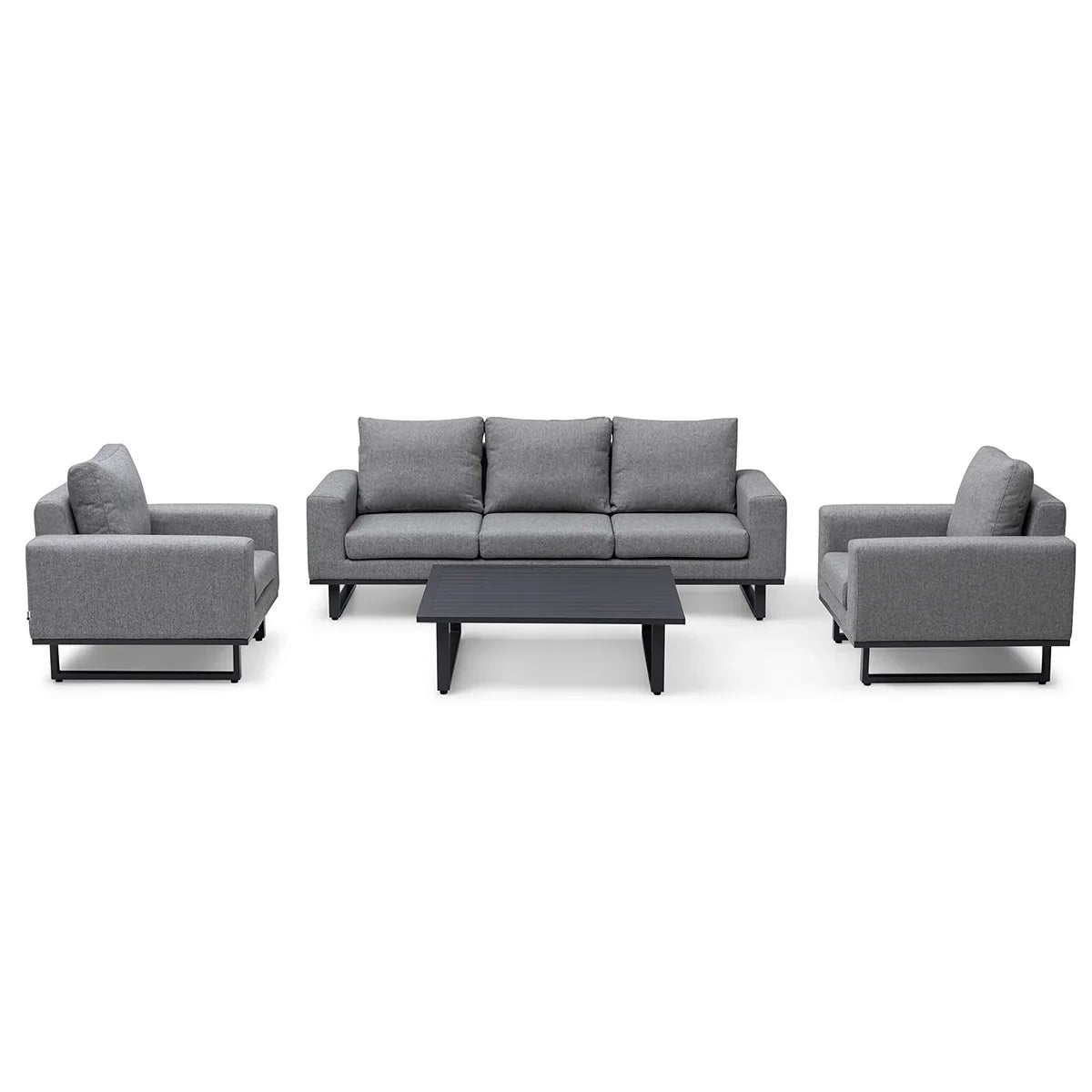 Grey fabric sofa set with two armchairs and black coffee table on white background