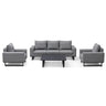 Grey fabric sofa set with two armchairs and black coffee table on white background
