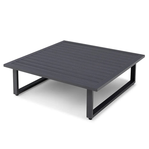 Square black outdoor coffee table with slatted metal top and modern legs
