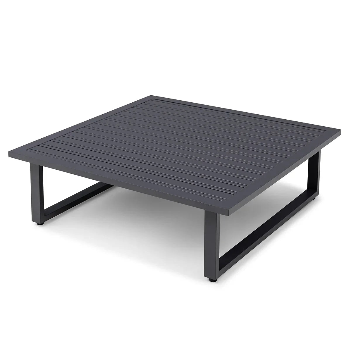 Square black outdoor coffee table with slatted metal top and modern legs