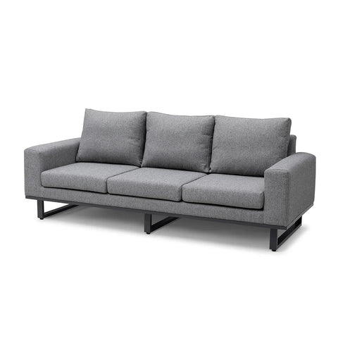 Modern grey fabric sofa with three seat cushions and black metal legs