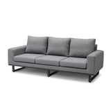Modern grey fabric sofa with three seat cushions and black metal legs
