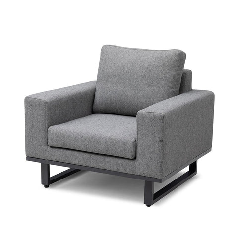 Grey fabric armchair with metal base and wide cushioned arms, front angle view