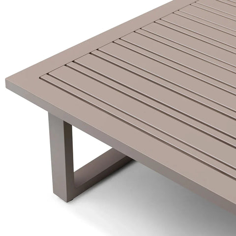 Taupe aluminium coffee table corner with slatted top and modern square leg design