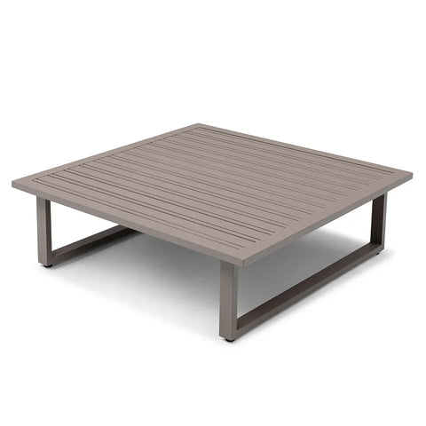Taupe aluminium outdoor coffee table with slatted top and modern square frame