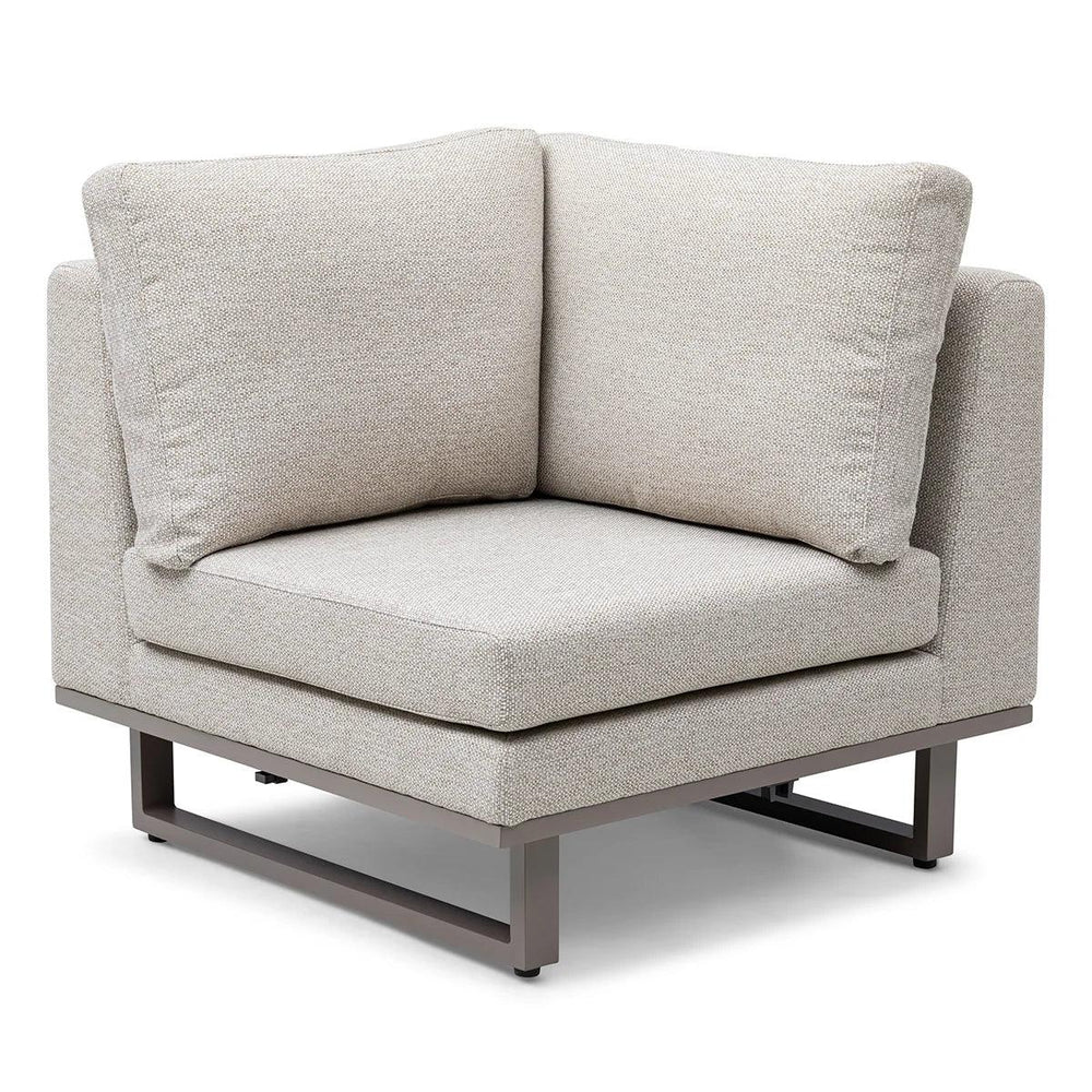 Light grey fabric corner sofa chair with metal legs and deep cushions