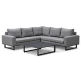 Grey corner sofa set with metal frame and matching low rectangular coffee table