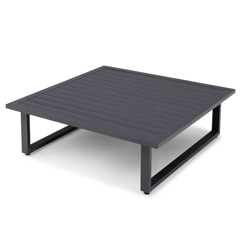 Square black outdoor coffee table with slatted metal top and modern frame